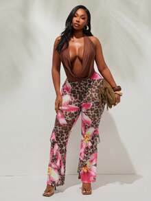 Radiana Damen Große Größen Frühling/Sommer Mode Sexy Urlaubs Serie Leoparden Muster & Lilien Blumen Design Rüschen Saum Transparente Elastische Mesh Weite Hose - Verschiedenfarbig - Übersicht 2