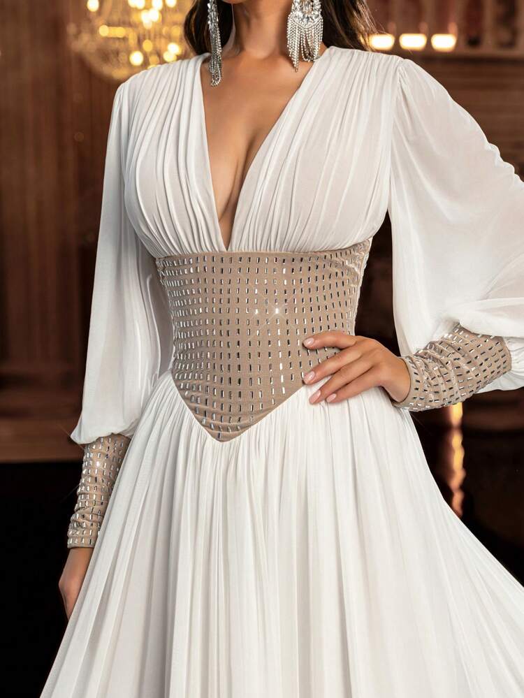 Elegant Minimalist Elastic Tulle Handmade Crystal Long Sleeve A-Line Silhouette Wedding Dress, Suitable For Wedding Ceremony, Celebration, Luxury Reception, Outdoor Forest Beach, And Various Occasions Such As Bridal Gown, Wedding Guest Dress, Formal Gown White Formal Evening Gown - White - View 7