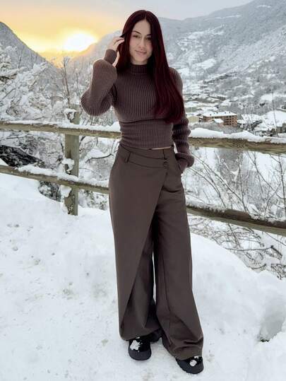 Abrilcols 女士不对称休闲阔腿裤女士时尚办公室通勤百搭高腰高端不对称阔腿西装裤