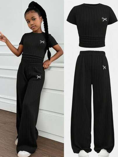 SHEIN Tween Girls' Casual Minimalist Comfortable Round Neck Short Sleeve Ruched Side Crop Top And Pants Set