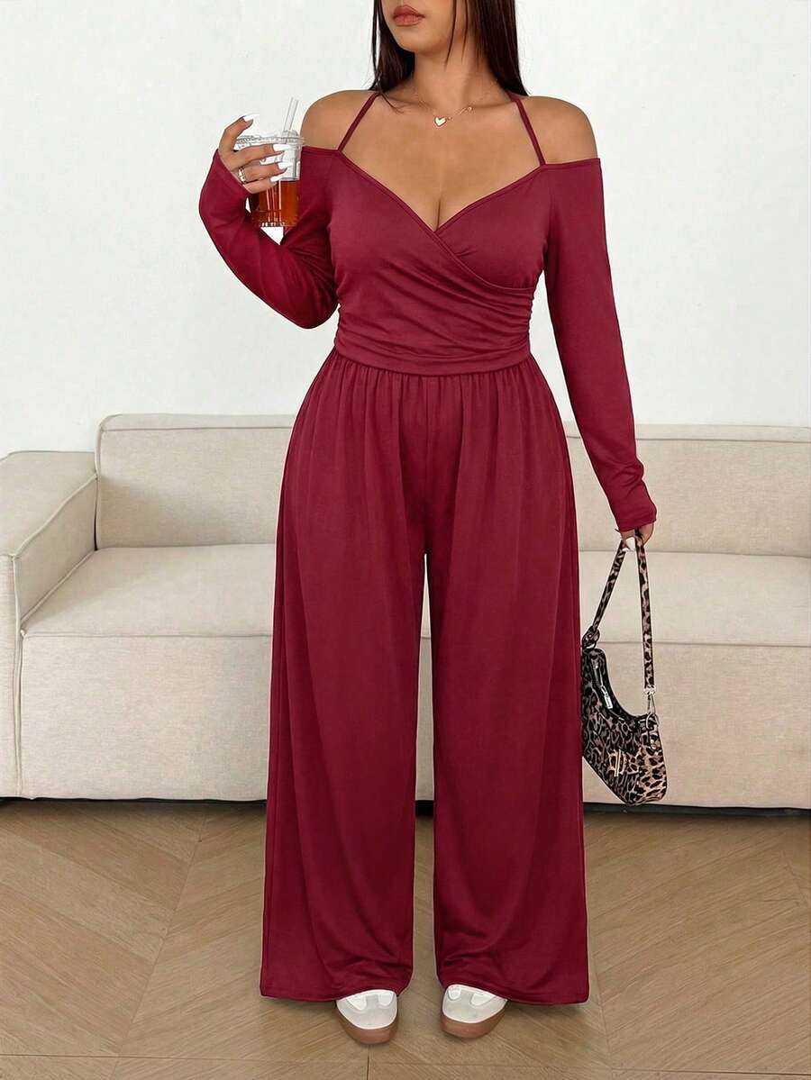 Sunnyshic Mono informal de pierna ancha con hombros descubiertos y fruncido en talla grande para mujer de unicolor - Burdeos - Ver 1