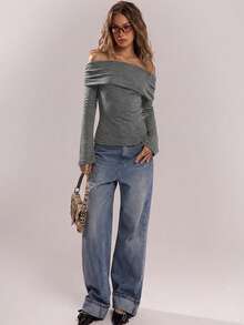 SHEIN BAE Women's Casual Solid Color Oblique Shoulder Flare Sleeve Top, Autumn - Grey - View 4