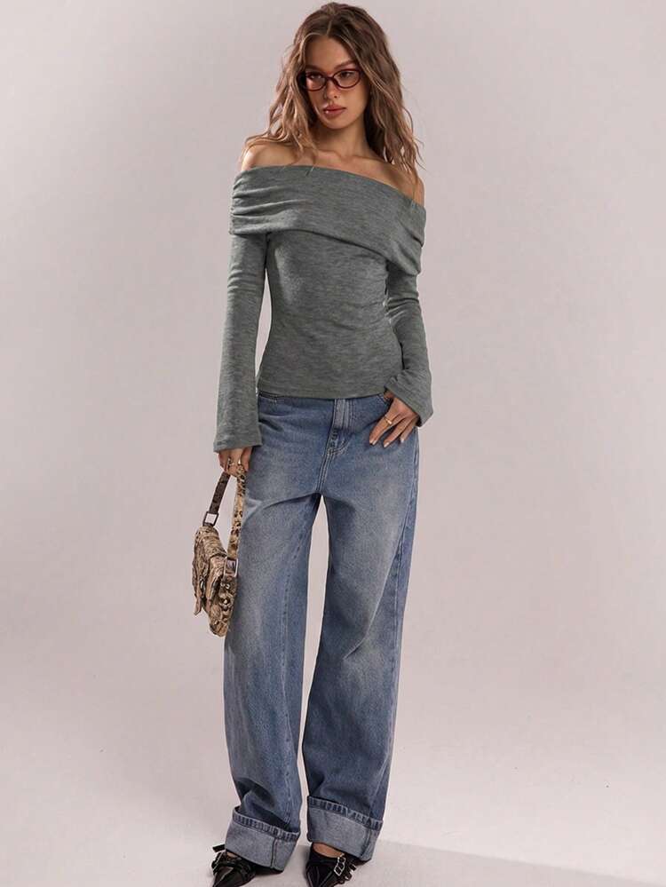 SHEIN BAE Women's Casual Solid Color Oblique Shoulder Flare Sleeve Top, Autumn - Grey - View 4