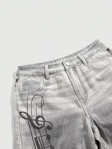ROMWE Avant Quần short denim xám bạc màu phong cách Y3K cổ điển, cạp trung, in họa tiết nốt nhạc dành cho nữ. - Xám - Xem 3