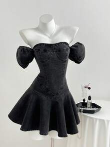 Elamini Women's Off-Shoulder Short Sleeve Ruffle Hem Fashionable Denim Dress - Grey - View 4