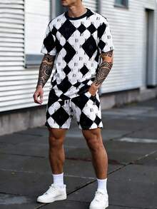 GENTILAND Men's Everyday Commuting Elegant And Stylish Printed T-Shirt Set - Black and White - View 3