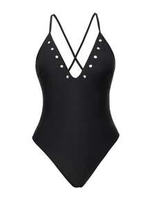 Bonvoyette 1 pieza Traje de baño de una sola pieza de color negro sólido para mujer, con escote en V profundo, recortes de ojal, espalda descubierta con cordones, corte alto, adecuado para nadar, vacaciones, playa, fiesta en la piscina - Negro - Ver 6