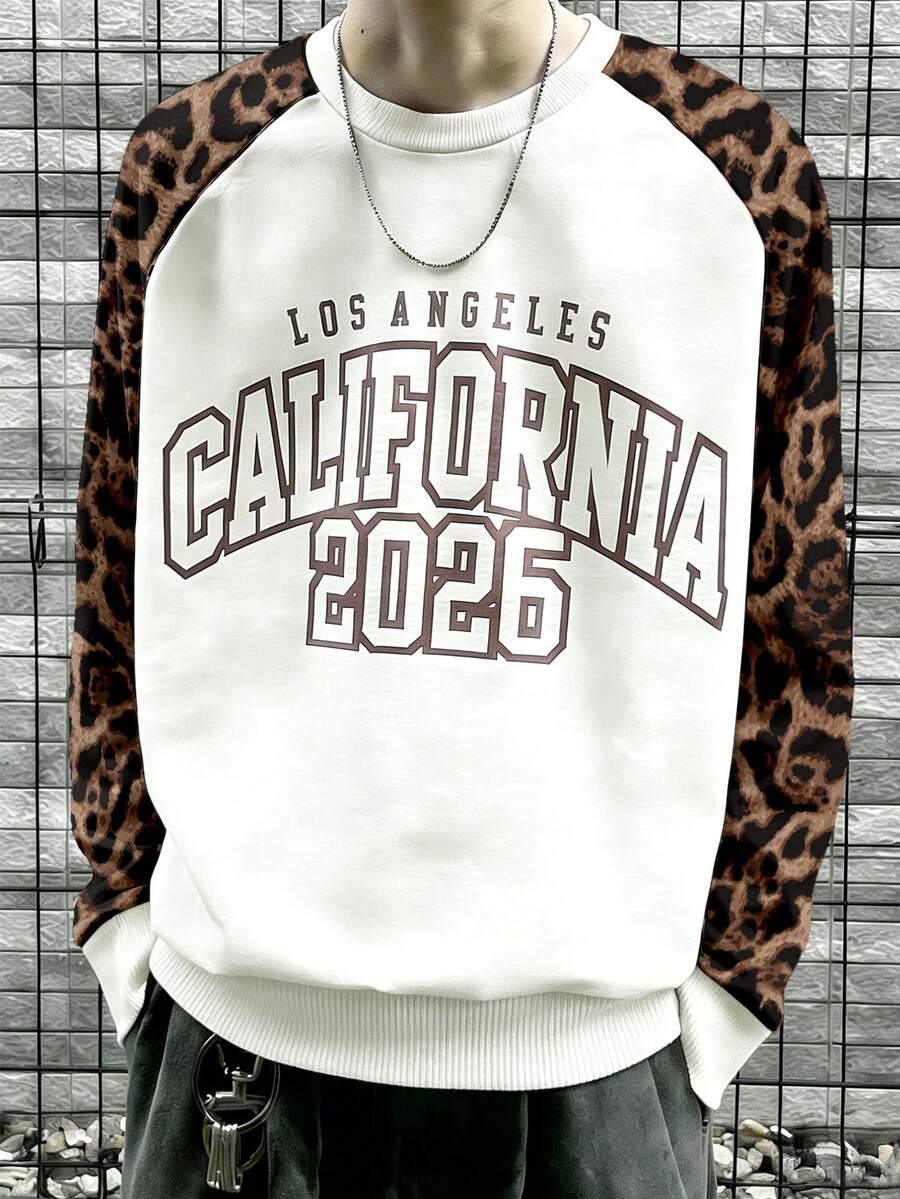 Manfinity Dauomo Men's Loose Fit Drop Shoulder Sweatshirt With Digital Leopard Print Pattern - White - View 1