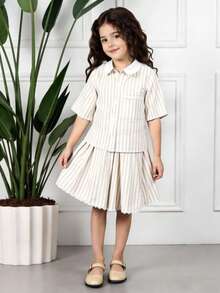 Elladie kids 女童条纹短袖衬衫和短裤套装 - 彩色 - 查看 5