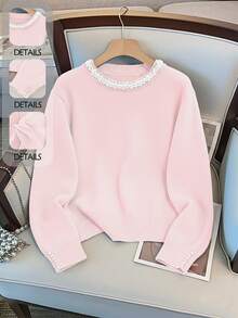 GlowEve CURVE Plus Size Elegant Pearl Embellished Crew Neck Long Sleeve Sweater - Pink - View 3