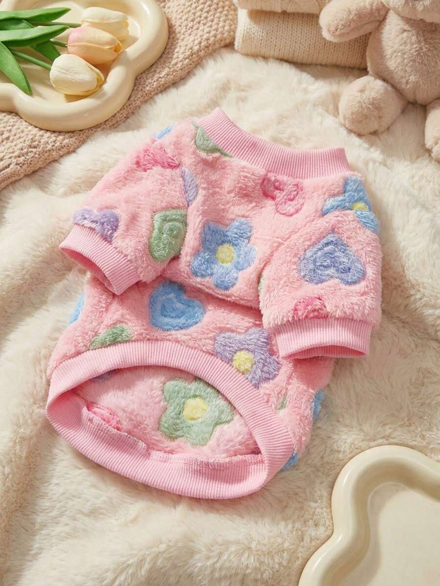 PETSIN 1件粉色花卉印花法兰绒保暖宠物服 - 彩色 - 查看 1