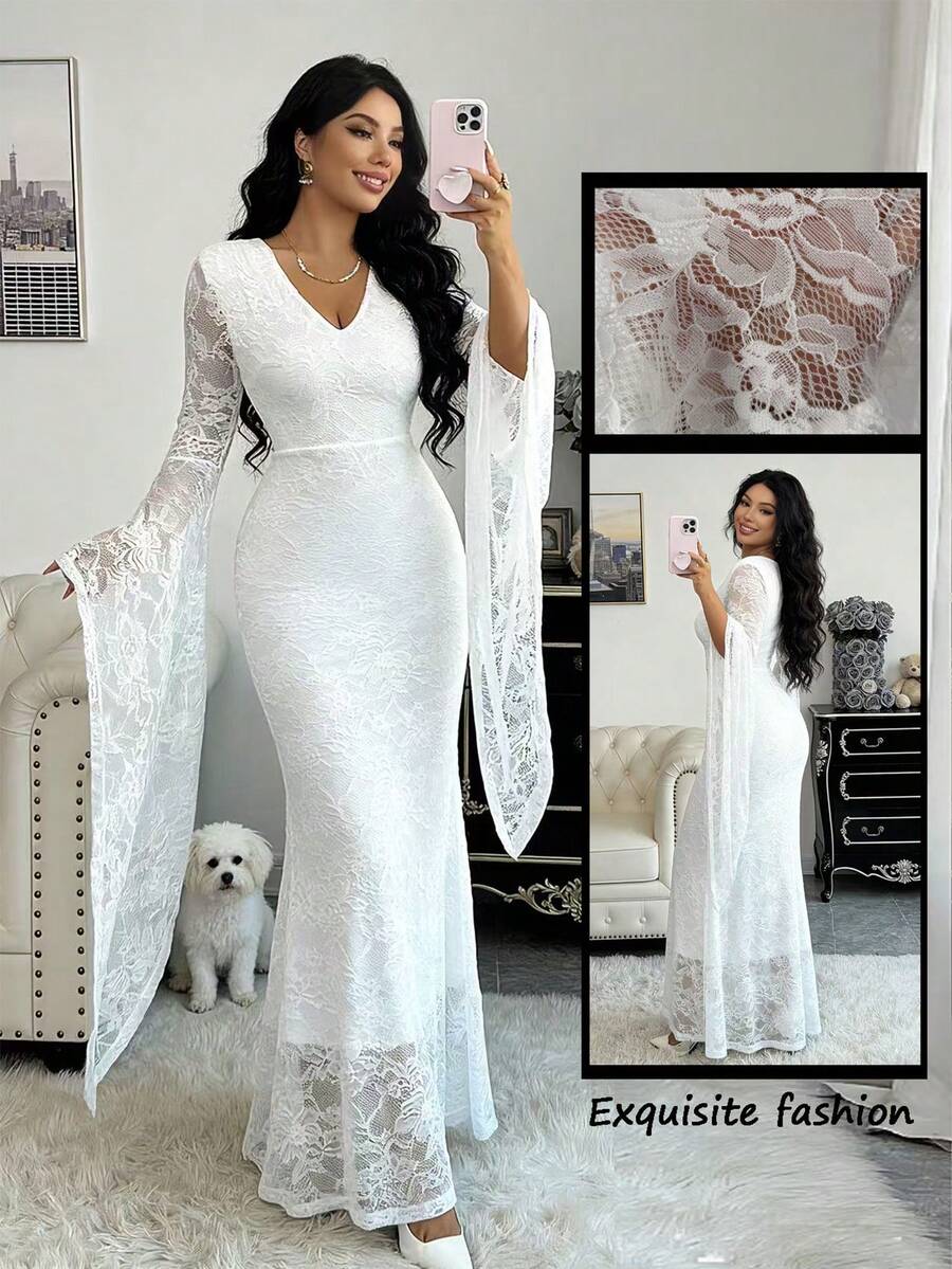 Elenzga Women's V-Neck White Lace Sexy Long Flare Sleeve Design Bodycon Maxi Dress, Stretchy Comfortable French Elegant Romantic Vacation Party Date Night New Arrival - White - View 1