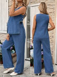 SHEIN 2pcs Maternity Sleeveless Top And Denim Pants Set - Blue - View 8