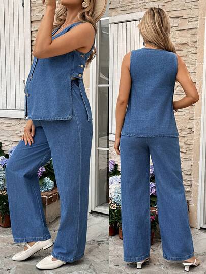 SHEIN 2pcs Maternity Sleeveless Top And Denim Pants Set