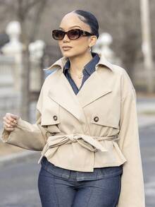 Áo khoác trench coat nữ ngắn, cạp chun màu kaki, đa năng cho mùa thu/đông - Màu Khaki - Xem 4