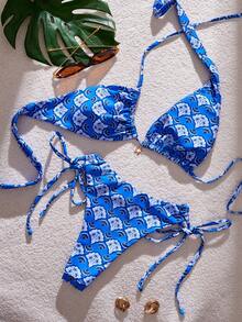 Swim Mod 2026 Spring/Summer Fashionable Printed Halter Backless Sexy Bikini 2 Pieces Swimwear Set For Women - Blue - View 2