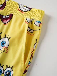 SpongeBob SquarePants | SHEIN Plus Size Men Cartoon Pattern Crew Neck Long Sleeve T-Shirt And Pants Pajama Set, Comfortable For Autumn - Yellow - View 8