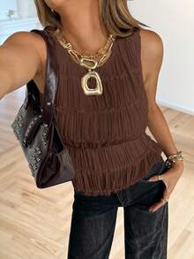 Siren Gaze Women's Solid Color Lace Trim Pleated Round Neck Camisole Brown Blouse Brown Top Summer Top Dark Brown Top Western Top Brown Summer Top - Coffee Brown - View 6