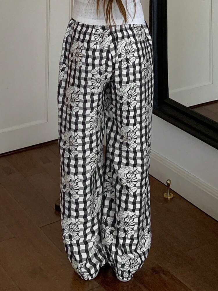 Plaid & Floral All-Over Print Loose Women Pajama Bottoms