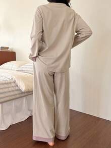 DAZY Patchwork Design Simple Knit Women Pajama Set - Khaki - View 2