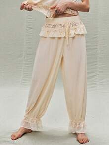 SoleilVie 2026春夏新款杏色蕾丝边宽松轻盈浪漫休闲阔腿裤，弹性腰带，蕾丝拼接，弹性蕾丝裤脚，柔软亲肤面料，抽绳腰带，抽绳裤脚，浪漫通勤ins风女式休闲阔腿裤 - 杏色 - 查看 1
