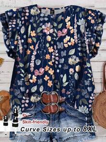 SHEIN CURVE+ Plus Size Women Casual Floral Print Ruffle Sleeve Blouse - White - View 1