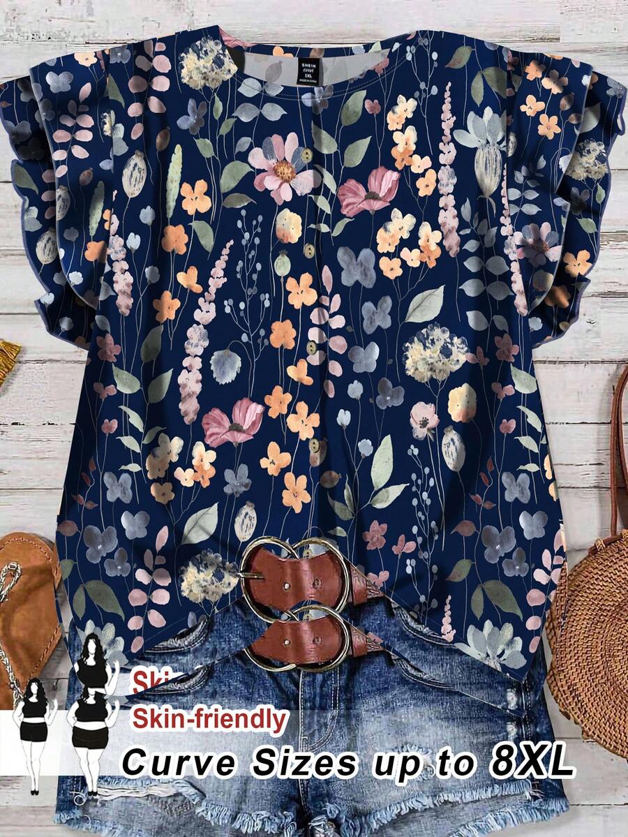 SHEIN CURVE+ Plus Size Women Casual Floral Print Ruffle Sleeve Blouse - White - View 1