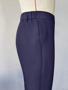 Manfinity Mode Pantalones casuales de pierna recta con textura para hombres, el diseño plisado ofrece un ajuste cómodo, adecuado para ocasiones casuales diarias, se puede combinar con camisas o camisetas para mostrar un estilo de negocios casual, también es un gran regalo - Azul Marino - Ver 4