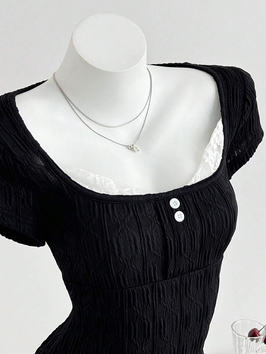 Elamini 女士休闲撞色蕾丝纹理短袖T恤，夏季 - 灰色 - 查看 1