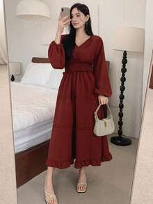 DAZY 女士V领收腰长袖优雅连衣裙 - 紅木色 - 查看 4