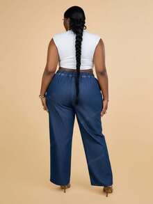 CurvyTilda Plus Drawstring Waist Wide Leg Jeans - Dark Wash - View 2