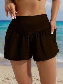 Swim Lushoire 女士纯色褶皱口袋休闲沙滩短裤 - 咖啡棕 - 查看 1