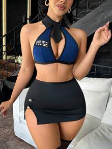 Fantasy Costume 6pcs Women's Sexy Costume Set Including Tie, Bodycon Slit Skirt And Fishnet Stockings - Navy Blue - View 3