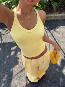 Muchica Women's Summer New Linen V-Neck Tight Camisole And Loose Wide-Leg Pants Set, Light Yellow Summer 2 Piece Set - Yellow - View 1