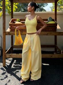 Muchica Women's Summer New Linen V-Neck Tight Camisole And Loose Wide-Leg Pants Set, Light Yellow Summer 2 Piece Set - Yellow - View 4