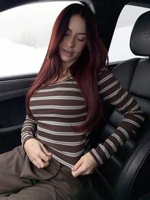 Abrilcols Women's Autumn And Winter Clothing Bottom Versatile Keluli Brown Striped Casual Round Neck Long Sleeve Slim T-Shirt,Fall Tops - Brown - View 6
