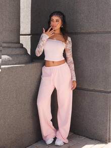Rayane Ketlyn Women's Casual Heart Cartoon Bear Printed Drawstring Waist Long Pants Valentine's Day - Pink - View 1
