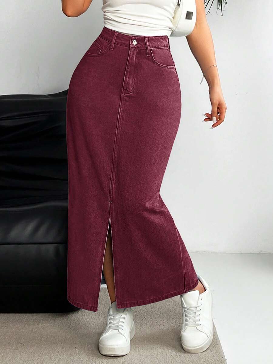 EMERY ROSE Casual Washed Denim Slit Skirt - Burgundy - View 1