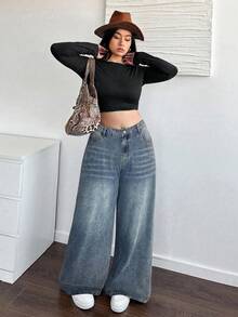 SHEIN ICON EZwear 大码休闲宽松直筒卡其色牛仔裤，秋冬牛仔裤，万圣节装扮，阔腿牛仔裤，流行纯色复古水洗牛仔布 - 深色水洗藍 - 查看 3