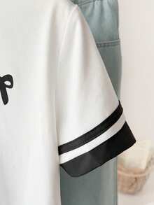 SHEIN 女童基础款修身撞色领蝴蝶结印花针织纯色T恤，白色 - 白色 - 查看 4