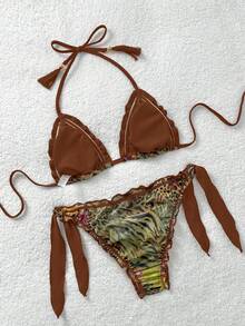 Soleia Bộ bikini đi biển cổ điển nhiều màu sắc với họa tiết da báo, ngựa vằn, hoa lá, kiểu dáng bèo nhún, buộc dây phía trước và tua rua trang trí dành cho nữ. - màu nâu - Xem 2