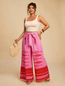 Travachic 加大码全印花系带阔腿夏季裤 - 玫紅色 - 查看 5