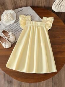 Elladie kids 女童蓝白条纹方领荷叶袖碎花宽松A字连衣裙，适合休闲、海滩、度假等场合，夏季穿着。 - 黃色 - 查看 2