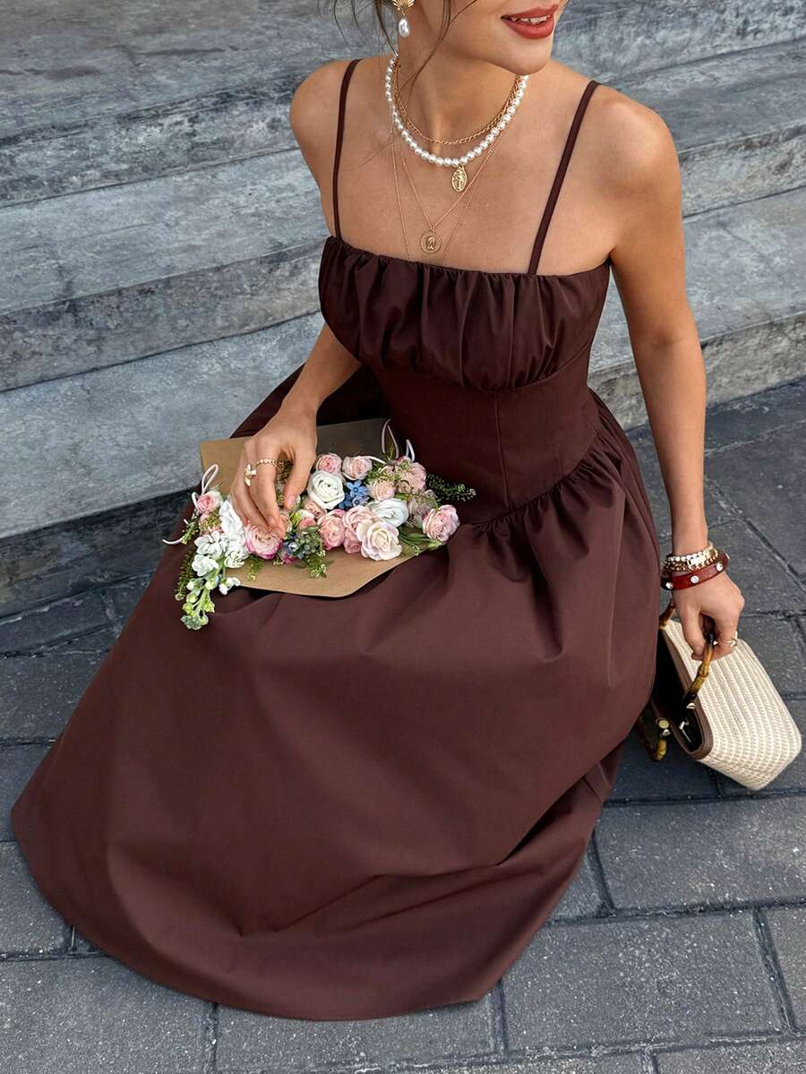 Cévolie Đầm nữ mùa hè kiểu Pháp lãng mạn mới, không dây vai, thắt eo, dài đến đầu gối. - Màu nâu Mocha - Xem 1