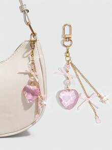 ROMWE Kawaii 1件甜美芭蕾蝴蝶结心形钻石星星吊坠包包挂饰，情人节心形钥匙扣/手机挂饰，情人节、生日、节日的绝佳礼物 - 粉色 - 查看 3