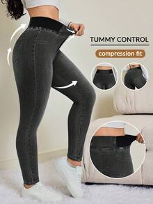 SHEIN Tall Women's Casual Washed High Waist Slim Fit Jeans Autumn/Winter Elastic Waistband High-Stretch Comfort Fabric Dark-Wash Skinny Jeans - Grey - View 1