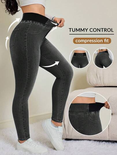 SHEIN Tall Women's Casual Washed High Waist Slim Fit Jeans Autumn/Winter Elastic Waistband High-Stretch Comfort Fabric Dark-Wash Skinny Jeans