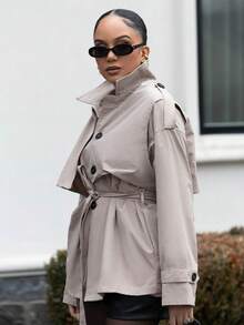 Melissa Matos 女式休闲单排扣收腰风衣，秋季 - 卡其色 - 查看 4