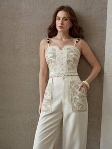 MOTF PREMIUM 刺绣斜插口袋阔腿裤 - 杏色 - 查看 3