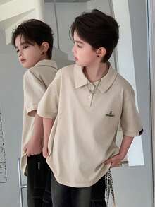 DAZY Tween Boy Letter Print Drop Shoulder Loose Fit Polo Collar T-Shirt - Apricot - View 1